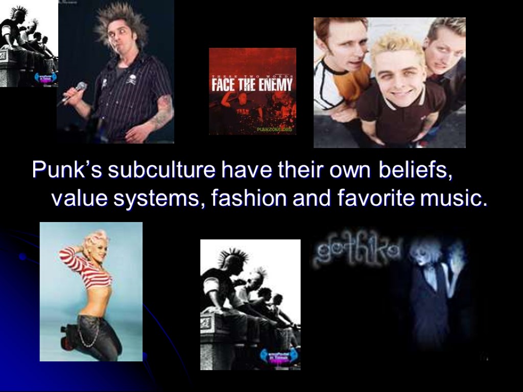 Punk’s subculture have their own beliefs, value systems, fashion and favorite music.